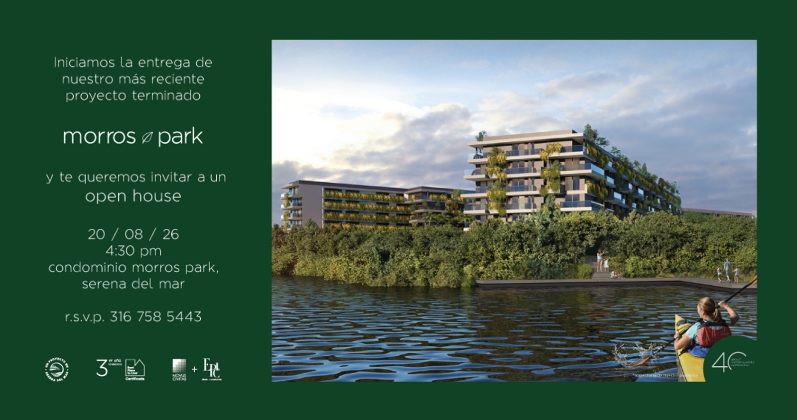 August 2026 invitation with a rendering of Morros Park beside water and greenery